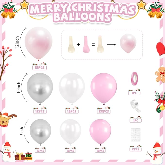 Christmas Balloon Arch Kit, Pink and White Silver Balloons Garland Arch with Double Pearl White Pink Balloons, Candy Cane Windmill Star foil Balloon for Christmas New Year Winter Decorations