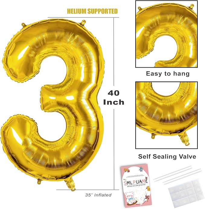 Smlpuame 40 inch Number Balloon 0-9 Gold Large Number 3 Balloons,Digital Balloons for Birthday Party Celebration Decorations Supplies, Helium Foil Number Balloons for Wedding Anniversary