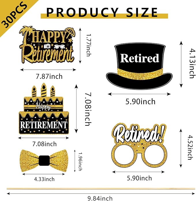 30Pcs Happy Retirement Party Decorations for Men Women, Black Gold Retirement Photo Booth Props, Cheers to Retirement Party Supplies, We Will Miss You Retirement Party Sign