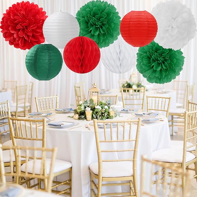 Red Green White Paper Flowers Tissue Pom Poms Honeycomb Lanterns 15pcs Christmas Party Decorations Mexican Italian Birthday Wedding Baby Shower Bachelorette Hanging Supplies Mprocherify