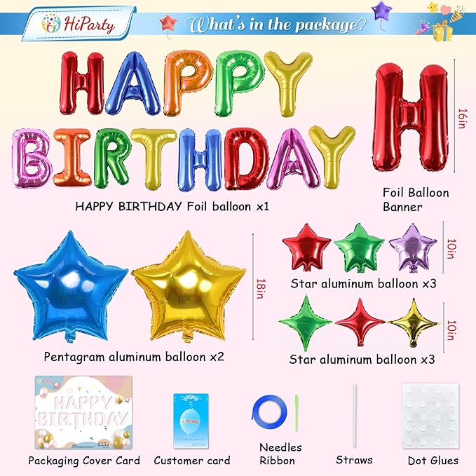 Rainbow Birthday Balloons Banner, 3D Mylar Foil Happy Birthday Balloons, 26pcs Birthday Party Decorations with 8pcs Star Balloons for Kids Girls Boys Women Adults Birthday Party Supplies