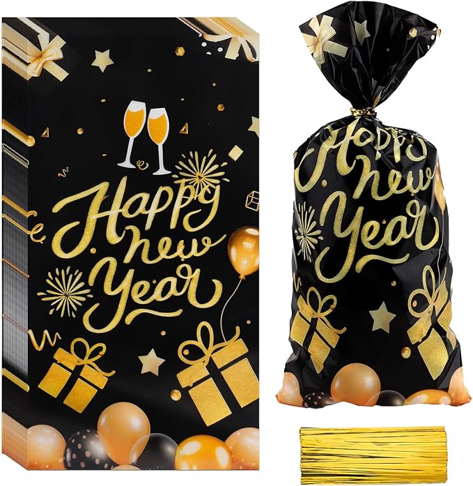 Happy New Year Cellophane Treat Bags, 200 PCS New Years Candy Goodie Gift Bags for Party Favors, Black Gold Plastic Cookie Snack Bag with Twist Ties for 2026 NYE Eve Party Holiday Decorations Supplies