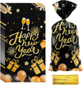 Happy New Year Cellophane Treat Bags, 100 PCS Candy Goodie Gift Bags for New Years Eve Party Favors, Black Gold Plastic Cookie Snack Bag with Twist Ties for 2026 NYE Party Holiday Decorations Supplies