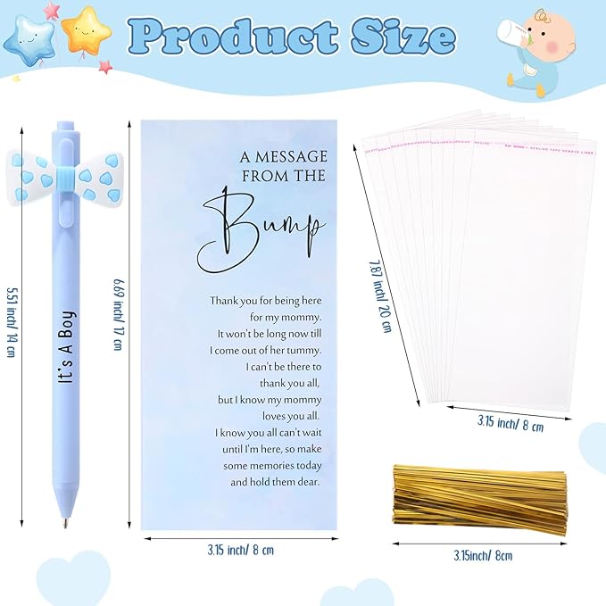 50 Set Baby Shower Party Gift Pen Favors for Guests Include 50 Pink Blue Bow Ballpoint Pens 50 Baby Shower Thank You Cards with Opp Bags for Gender Reveal Party Prizes Souvenirs(Boy)