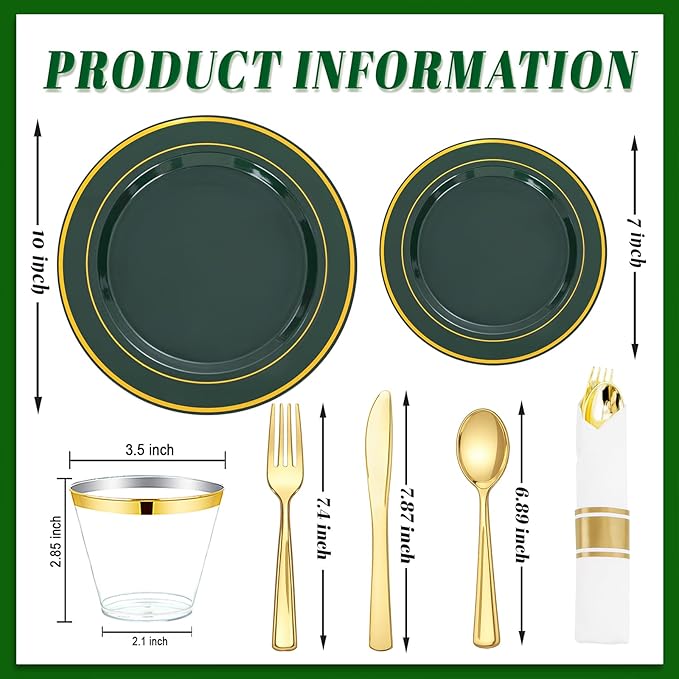 175PCS Green Plastic Plates - Green and Gold Disposable Plates 25Guests Plastic Plates with Rolled Napkins for Birthday/St. Patrick's Day/Easter