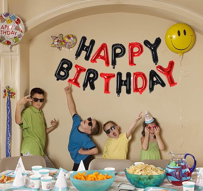 KALOR Black and Red Happy Birthday Balloons Banner, 16 Inch Mylar Foil Letters Balloon Sign for Birthday Party Decorations Photo Booth Backdrop