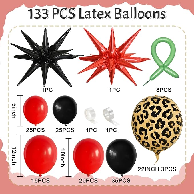 Red Black Balloons Garland Arch Kit, 133pcs Green Cherry Black Red Explosion Star Foil Balloons, 4D Cheetah Print Mylar Balloons for Berry Themed Birthday Baby Shower Bachelorette Party Decorations