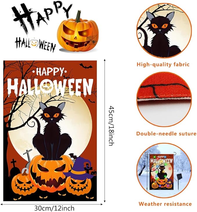 Happy Halloween Garden Flag with Lights, 12x18 in Solar Double Sided Pumpkin Cat Yard Flags, Halloween Outdoor Decorations for Patio, Lawn