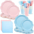 400 Pcs Baby Gender Reveal Plates and Napkins Set Party Supplies, Tableware set for 50 Guest include Pink and Blue Scalloped Plates Napkins Knives Forks Spoons Cups for Baby Shower Gender Reveal Party