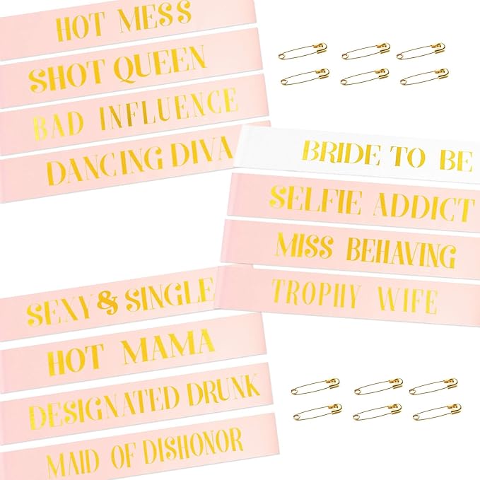12 Pcs Bachelorette Party Sashes Set - 1 White Bride to Be & 11 Rose Gold Bridesmaid Sashes, Fitting & Skin Friendly, Ideal for Pre - Wedding Celebrations