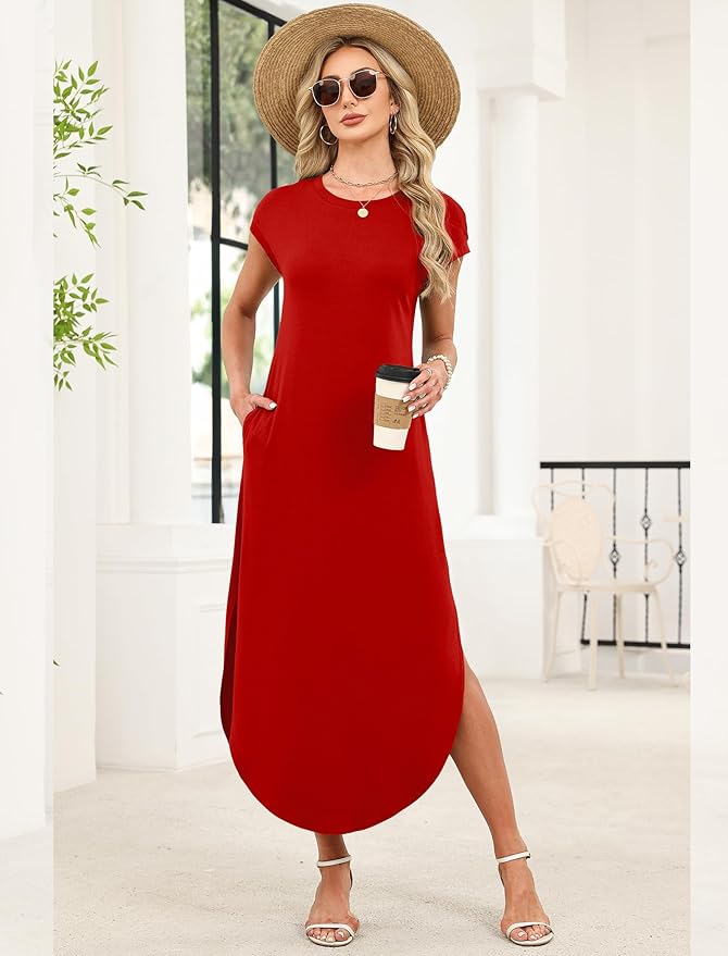 WIHOLL Summer Dresses Cap Sleeve Crewneck Maxi Long Casual Dress with Pockets Beach Vacation Sundresses 2026 Trendy