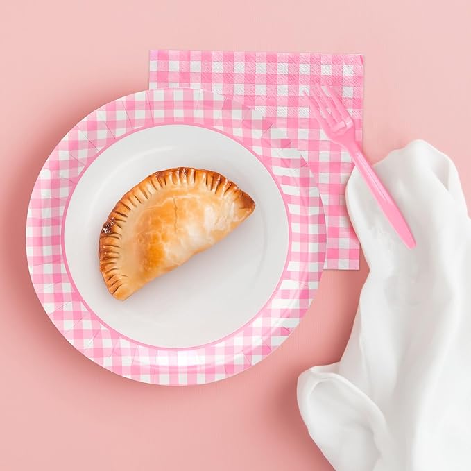 168PCS Party Plates, Scalloped Gingham Paper Plates and Cups and Napkins Sets Party Supplies for Birthday Wedding Bridal Shower Baby Shower Picnic, Serve for 24 Guests (Pink Gingham)