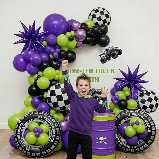 Monster Truck Purple and Green Black Balloon Garland Arch Kit with Big Wheels checkered star mylar foil tire balloons For Kids 3th 4th Birthday Monsters Racing Car Theme Party Decorations