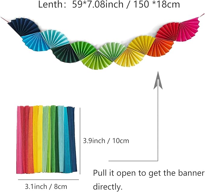 Banner Garland Fan-Shaped, Rainbow Colors Wall Decor Party Decorations for Birthday Wedding College Nurse Graduation Holiday New Year, Festive Supplies