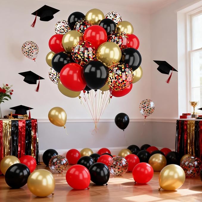 Patimate Red Black Gold Balloons Set, 50Pcs 12 Inch Red Black Metallic Gold Latex Balloon and Confetti Balloon for Casino Theme Party Birthday Graduation New Year Wedding Anniversary Party Decorations