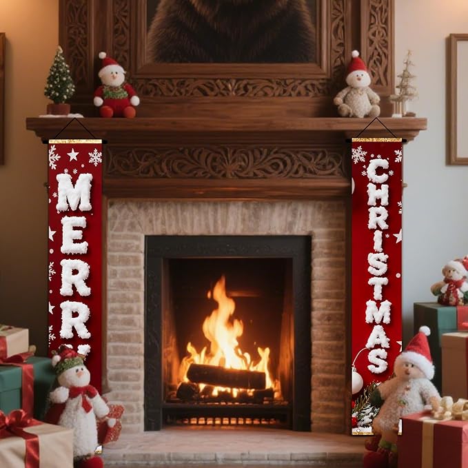 Nuxovilar Merry Christmas Snowflake Decor Polyester Banner 12x70.86 Inches Christmas Door Banner, Festive Home Decor for Living Room, Porch, Holiday Parties