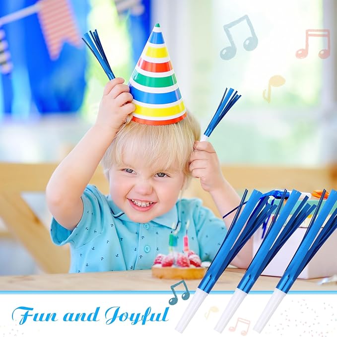30 Pcs Gold Noise Makers, Metallic Fringed Noise Makers for New Year Party Favor Supplies, Blue