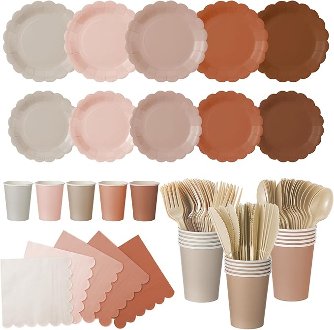 Yaomiao 175 Pcs Brown Paper Plates Boho Disposable Dinnerware Sets with Plastic Knife Fork Spoon Boho Bridal Shower Wedding Decorations Brown Party Supplies Disposable Tableware Set Serve 25 Guests