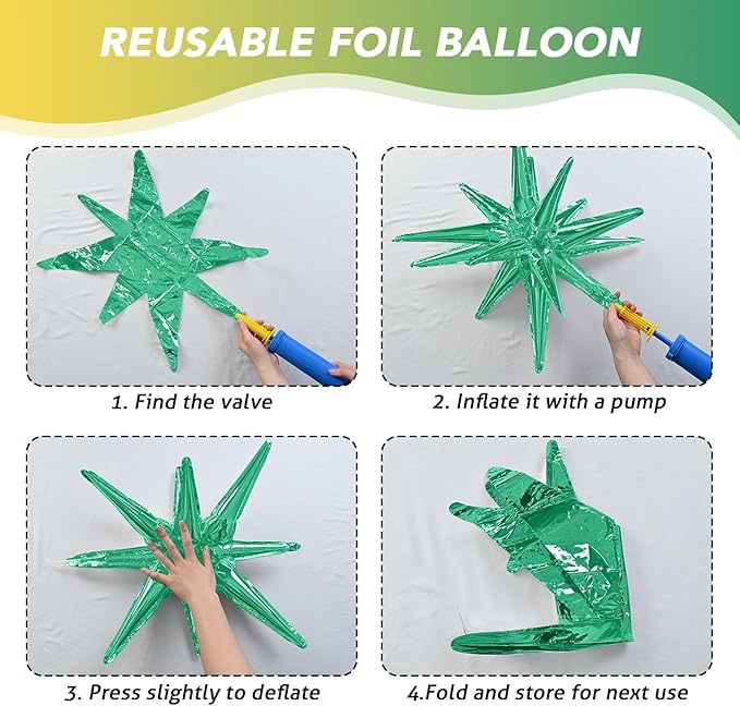 6PCS Green Gold Star Balloons, 22Inch Large Star Shaped Balloon Foil Spike Balloon Cone Balloons for Graduation Birthday St. Patrick's Day Baby Shower Jungle Party Decorations