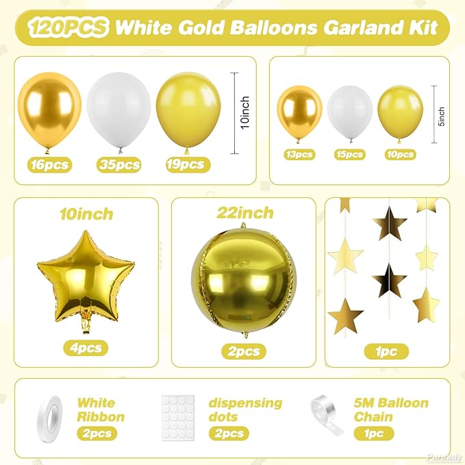 White Gold Balloons Garland Arch Kit, 120pcs Gold Balloon Arch Kit With Star Foil Balloons Gold Star Banner Gold 4d Foil Balloon For Birthday Baby Shower Party Wedding Anniversary Decorations
