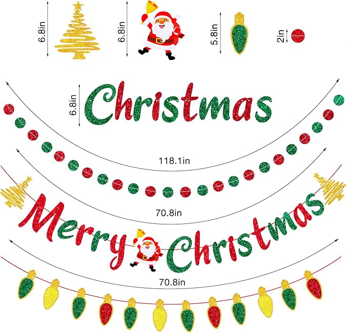 Christmas Banner Decorations - Glitter Merry Christmas Banner - Christmas Decorations, Indoor/Outdoor Party Supplies for Holiday Decor, Home, Office, Classroom, Fireplace and more