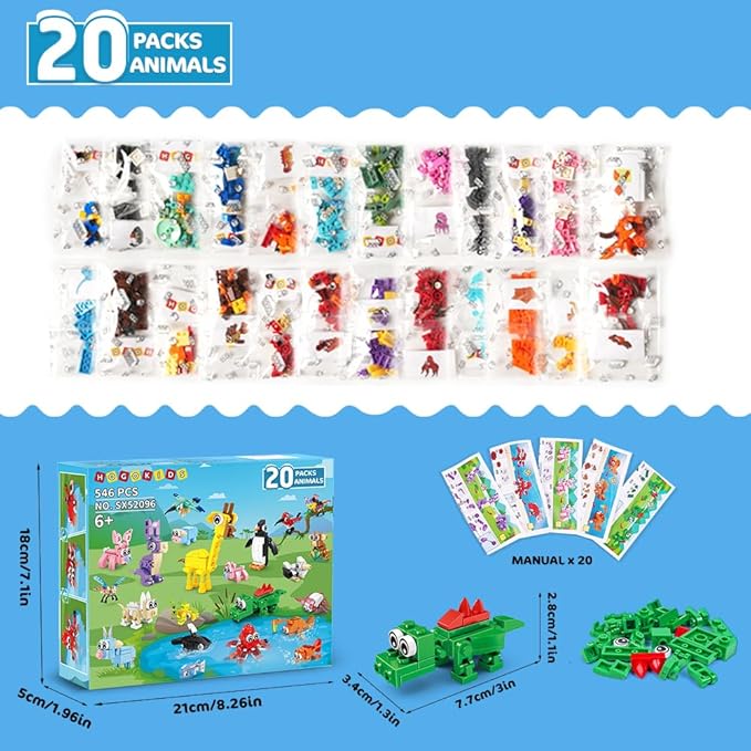 HOGOKIDS 20 Packs Party Favors for Kids, 60 Kinds of Mini Animals Toy Building Block Set for Easter Valentines Day Classroom Prizes Goodie Bag Stuffers Birthday Gifts for Boys Girls Ages 6-12+