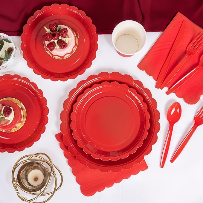 LIYH 350 Pcs Red Paper Plates and Napkins Set for 50 Guest, Disposable Paper Plates Include Red Scalloped Plate Cocktail Napkins Cups Cutlery for Birthday Party