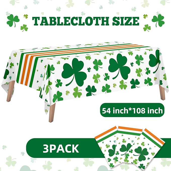 3 Pack St. Patrick's Day Tablecloths 54" x 108", Green Shamrock Plastic Table Covers, Disposable Party Tablecloths for St Patricks Day Decorations, Holiday Party Supplies