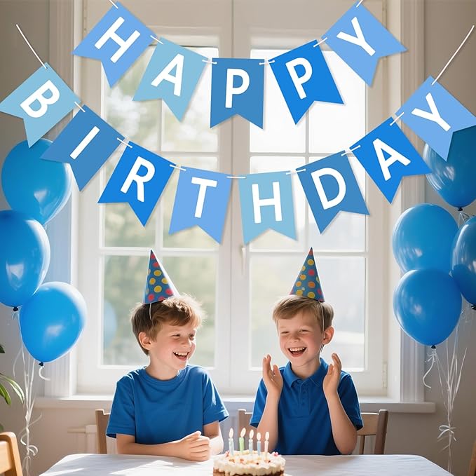 Happy Birthday Banner Sign, Birthday Garland Wall Door Hanging Banners Flag for Women Men Boys Girls Party Backdrop Decorations, Personalized Name Banner White Letters Blue and Light Blue