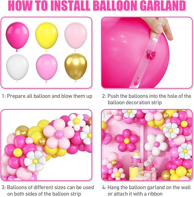 Yellow Pink Balloon Garland, Daisy Balloon Arch with Metallic Gold Party Flower Balloons For Birthday Baby Shower Wedding Groovy Theme Decorations
