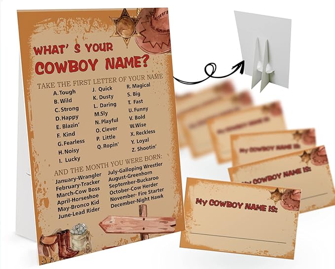 GNATV What's Your Cowboy Name Game (1 Cowboy Theme Sign and 30 Name Tag Stickers), Cowboy Game Party Decoration, Birthday Game for Kids, Family Game-15