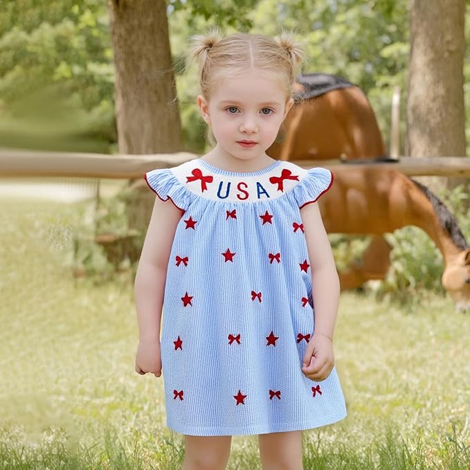MoZiKQin 4th of July Baby Girl Outfit Toddler USA Dress Ruffle Sleeve American Flag Smocked Dresses Fourth of July Outfit