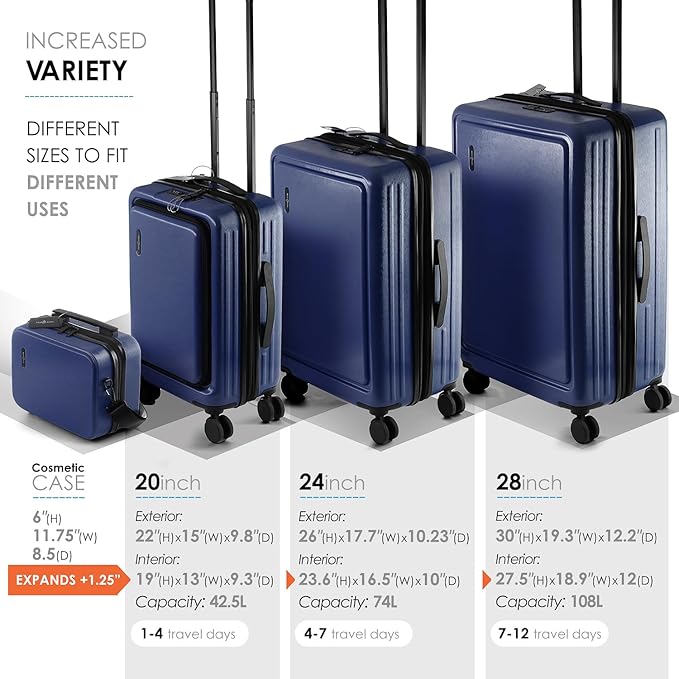 TRAVELARIM Hard Shell Luggage Sets with Spinner Wheels 4 Piece, Expandable Large Suitcases with TSA Lock, Travel Large Suitcase Set, Navy Luggage Set