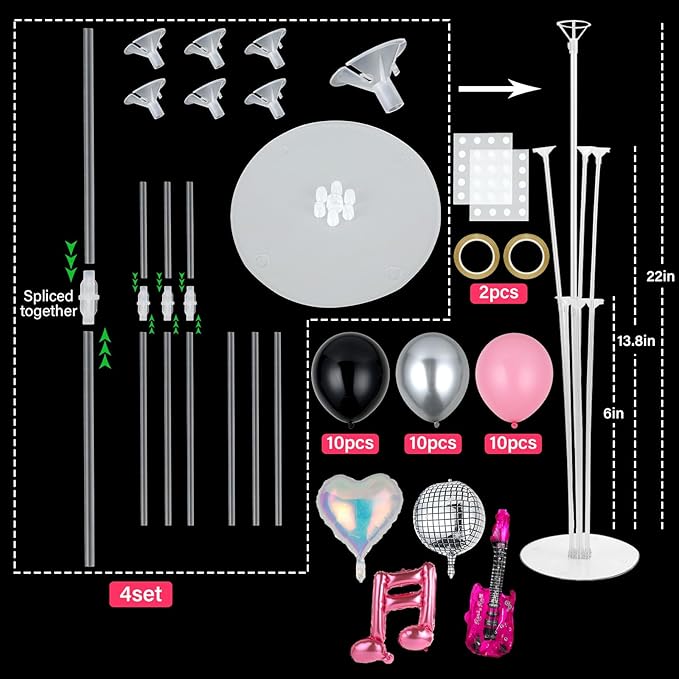 4 Sets Music Party Balloons Stand Kit with Music Note Guitar Disco Ball Colorful Heart Foil Balloons Concert Party Balloon Centerpiece for Tables for Indoor Outdoor Birthday Kpop Decorations