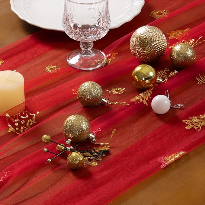 Socomi Christmas Tree Table Runner Gold Gauze Sheer Chiffon Cheesecloth Sequin 10FT Glitter Metallic Foil Dining Wedding Birthday Party Winter Holiday Centerpiece Table Decor 3pcs Red