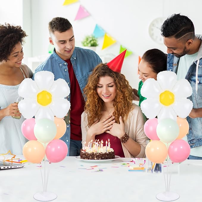 Daisy Party Balloons Stand Kit 2 Sets with 2 White Daisy Flower Foil Balloons Fresh Flower 1st Party Balloon Centerpieces for Tables for Spring Theme Mothers Day Daisies Themed Birthday Decorations
