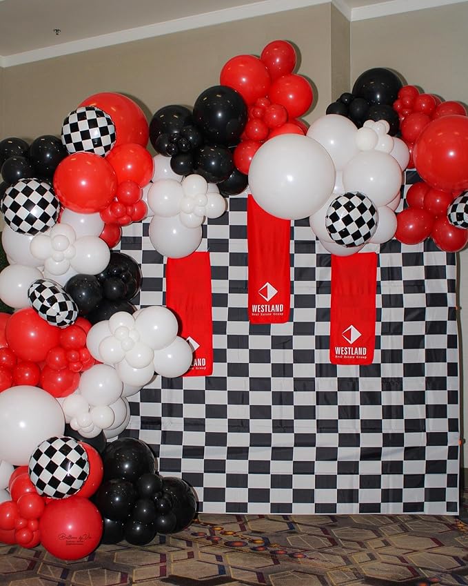 153Pcs Race Car Balloon Garland Arch Kit - Red and Black White Checkered Balloon Arch Kit 18 10 5 Inch Different Size Balloons for Racing Car Two Fast 2nd Theme Birthday Party Decorations