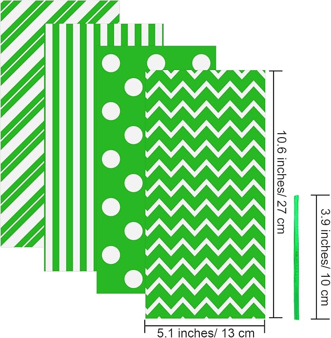 Aneco 100 Pack Green and White Cellophane Bags 10.6 x 5.1 Inch Plastic Candy Bags Gift Bag Goodie Bag with Twist Ties for Valentine, Birthday, Gift Cookie Snack Packing Party Favor Supplies