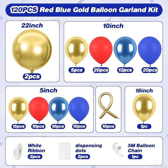 Red Blue Gold Balloon Garland Kit, 120pcs Royal Blue Red Arch Kit With Gold 4D Foil Balloon Long Balloons Different Sizes For Video Theme Birthday Baby Shower Party Graduation Game Bachelorette Decor