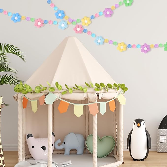 Whaline Boho Flower Felt Banner 3D Daisy Floral Pom Pom Balls Banner Pastel Flower Bunting Garland for Spring Party Supplies Silly Goose Home Hanging Decoration, No DIY Required