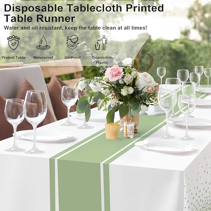 2 Pack White and Sage Green Tablecloth Party Decorations Plastic White Tablecloth Printed Sage Green Table Runner 54 x108 Inch Disposable Rectangle Table Cover for Birthday Wedding Graduation