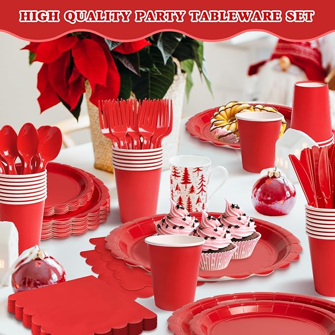 Vyntra 350 Pcs Red Disposable Paper Plates and Napkins Set for 50, 9" Dinner Plates & 7" Dessert Plates, Tableware for Christmas, Valentine’s Day, Birthday, Party