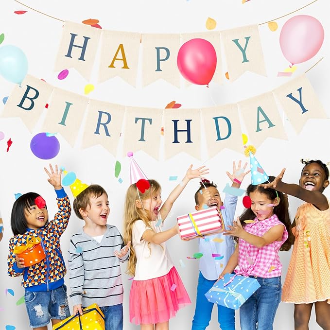Doumeny Happy Birthday Burlap Banner Boho Birthday Bunting Garland Blue Bohemian Sign Flag White Birthday Hanging Banner Pastel Rainbow Party Decor for Home Mantel Fireplace Nursery Party Backdrop