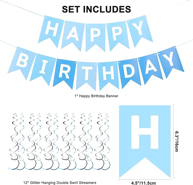 Multi Blue Happy Birthday Banner, Birthday Decorations with Metallic Hanging Swirl, Sign for Backdrop Party Decor, Bunting Banner for Men Women, Birthday Supplies for Boys Girls