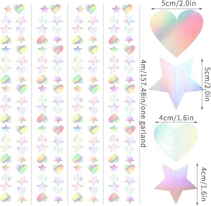 Iridescent Disco-Holographic Party-Decorations Star Heart-Garland - 52Ft Valentines Day Neon Wedding Hanging Paper Streamers Banner,Birthday Bachelorette Baby Bridal Shower Engagement Decor Ouruola