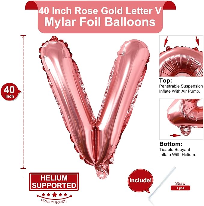 Lovoir 40 Inch Large Rose Gold Letter V Balloons Big Size Jumbo Mylar Foil Helium Balloon for Birthday Party Celebration Decorations Alphabet Rose Gold V