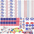 156 Pcs Patriotic Party Favors, 4th of July Accessories American Flags, Sunglasses, Necklaces, Slap Bracelets, Musical Blow Outs, Mustaches, Brooches, Stickers for Independence Day, Memorial Day