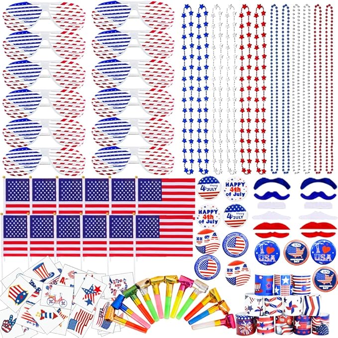156 Pcs Patriotic Party Favors, 4th of July Accessories American Flags, Sunglasses, Necklaces, Slap Bracelets, Musical Blow Outs, Mustaches, Brooches, Stickers for Independence Day, Memorial Day