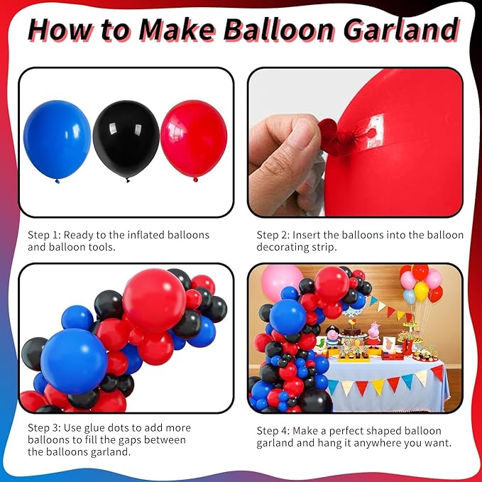 Red Blue Black Balloon Arch Garland Kit, 101 Pcs Matte Red Black and Royal Blue Latex Balloon Garland Set for Boys Kids Man Halloween Cool Spider Theme Party Birthday Graduation Party Decorations