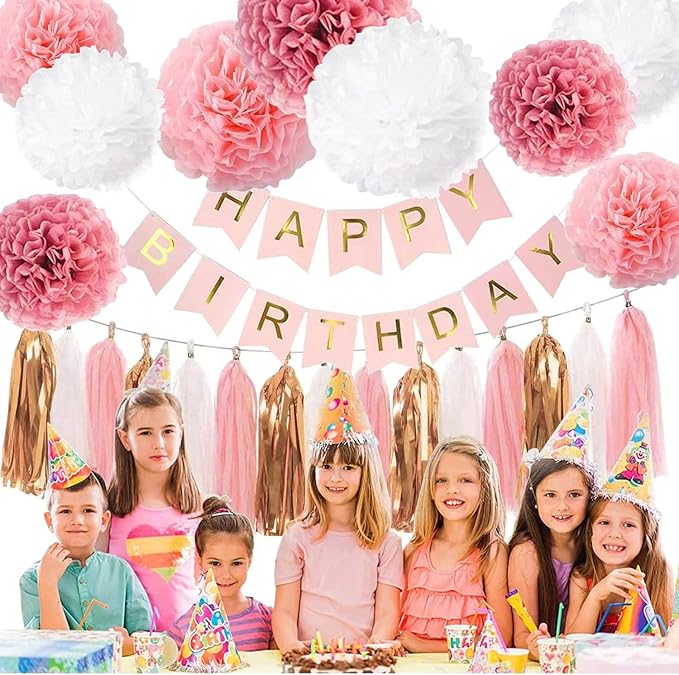 Tissue Tassel Garland and Paper Tassel Banner for Baby Girl Shower Decorations,Pink, White,Peach,Rose Gold,20 Pcs